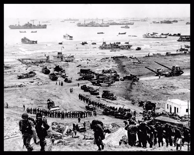 build-up of Allied forces landing at Omaha Beach, Normandy, France during the World War two D-Day landings 1944