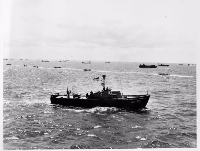 US Coast Guard off Omaha Beach on the morning of D-Day, Normandy, France during the World War two D-Day landings 1944