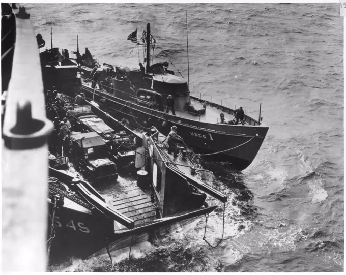 US Coast Guard off Omaha Beach on the morning of D-Day, Normandy, France during the World War two D-Day landings 1944