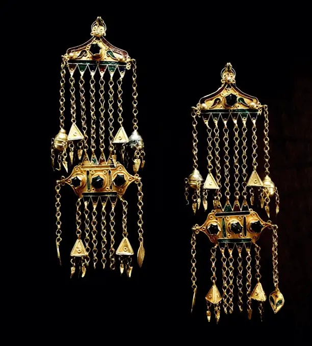 Head ornaments made from silver and enamel. From Tunisia, North Africa. Dated 11th Century