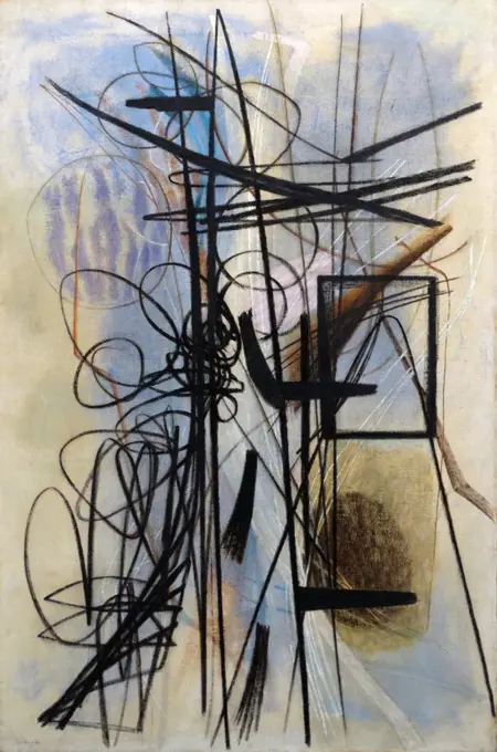 T 1946-16 by Hans Hartung (1904-1989). Oil on canvas, 1946. Hartung was a German-French painter with a general abstract style.