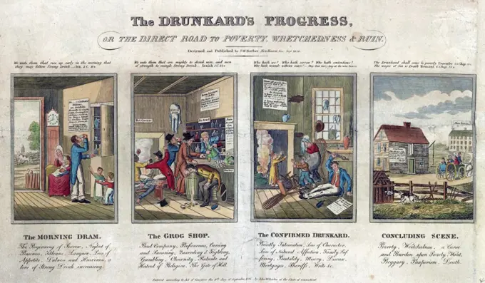 The Drunkards Progress or the direct road to poverty, wretchedness & ruin, designed and by John W Barber, (1798-1885,) New Haven, Connecticut. Print (engraving, hand coloured, ) showing shows four scenes of the drunkard's progress : dram ( father drinking at 8 a.m. ignoring wife and children), the grog shop, (bar room brawls, passed out, vomiting, and drinking customers ), the confirmed customers (father on floor ), wife and children afraid, home falling apart), and concluding scene, (family con