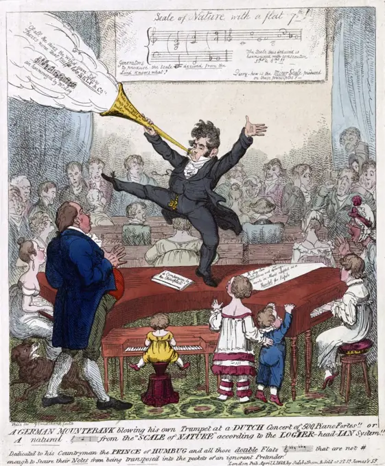 German mountebank blowing his own trumpet at a Dutch concert of 500 piano fortes. 'Logier, the music-master is delivering one of his musical lectures with demonstrations by his pupilsÖ' Artist, George Cruikshank (1792-1878), 1818.