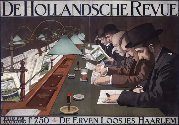 Advertisement for the Dutch journal, 'De Hollandsche Revue', showing a group of men seated at a library table reading various texts.