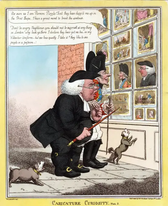 Caricature curiosity /Woodward, delt by George Moutard Woodward (1760-1809). Caricature of a porcelain clergyman and a skinny volunteer officer examining caricatures of themselves in what is probably William Holland's printing shop window. Parson Puzzletest is furious but his companion, Captain Ruiz, reacts with good humour. 1806.