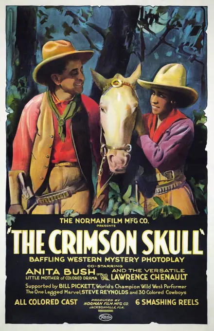 The Crimson Skull. 1921. Motion picture poster showing a man (Lawrence Chennault) and a woman (Anita Bush) in Western garb with a horse standing between them.