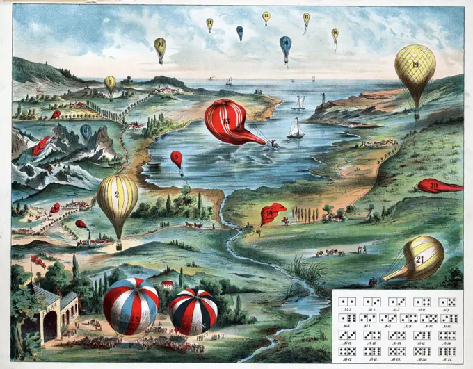 game board and instructions depicts a varied landscape and waterfront filled with numbered balloons. Dated 1890