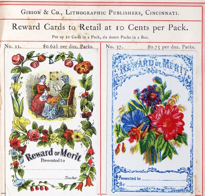 Highly coloured educational 'Reward Cards' for American children who have achieved high levels in school during the early 20th Century. Dated 1905