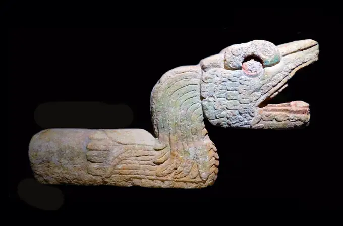 post-classical Mayan Sculpture of a plumed serpent (quetzal) from Chichen Itza, Yucatan, Mexico 900-1250 AD