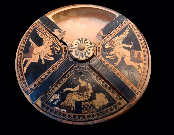 Greek, Red-figured lepaste (toilet box) with seated women and Erotes on the lids of the compartments Made in Campania, Italy about 380-370 BC