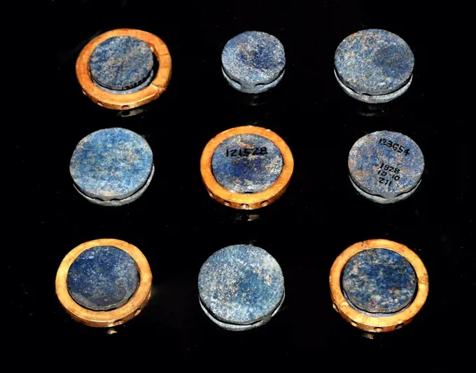 Early Mesopotamian Lapis Lazuli and gold discs used for decoration, Iraq, circa 2900-2300 BC Akkadian