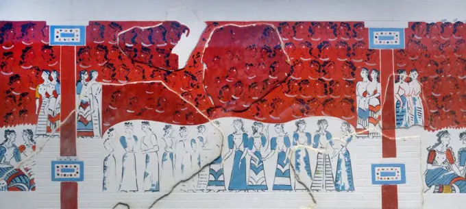 Copy of a Minoan wall painting. The original, probably from near to the north-west corner of the Central Court at Knossos, Greece. Knossos is the largest Bronze Age archaeological site on Crete and is considered Europe's oldest city. The palace was abandoned at some unknown time at the end of the Late Bronze Age, c. 1380ñ1100 BC