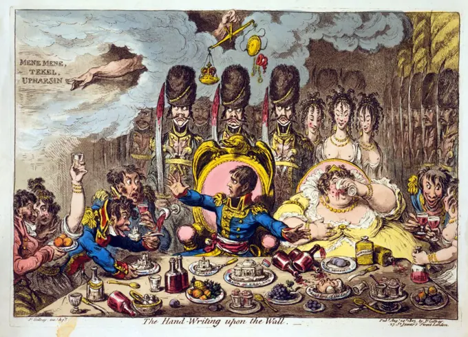 The hand-writing upon the wall. Napoleon, Josephine, French soldiers and women seated at feast with dishes Bank of England, St. James, Tower of London, and Roast Beef of old England. Napoleon looks in horror at hand of Jehovah pointing to words in sky: Mene , tekel upharsin. By James Gillray.