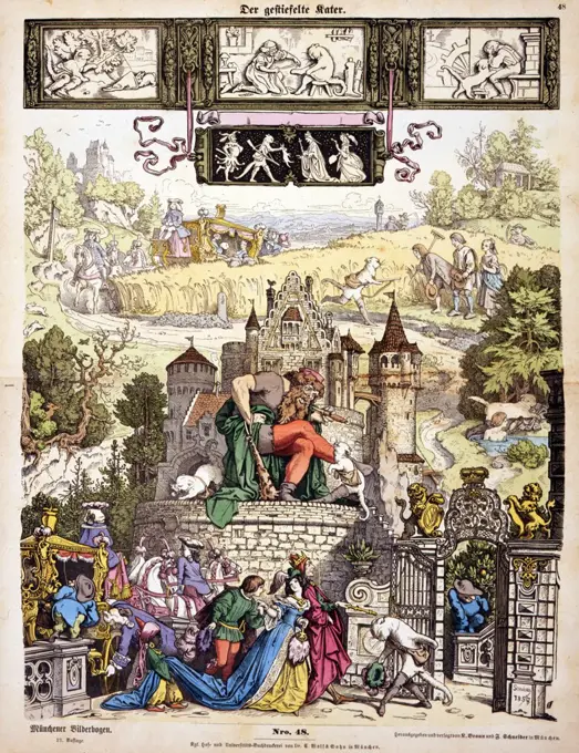 Puss in Boots, Germany. Illustration shows scenes from the fairy tale. By Moritz von Schwind.