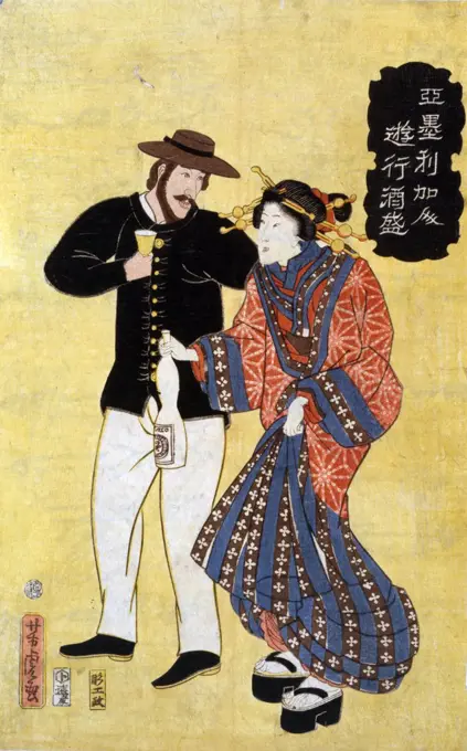 American enjoying himself. Japanese print shows an American man holding a glass and a Japanese courtesan holding a bottle. By Yoshitora Utagawa.
