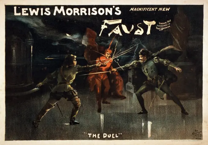 Advertisement poster for Lewis Morrison's 'Magnificent New Faust'. Showing a scene titled 'The Duel'.