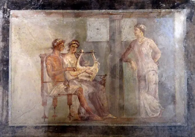 Roman fresco of a woman playing the lyre Roman, 50 -79 AD; From Pompeii. woman playing the kithara (a type of lyre) sits with her lover who gazes at her
