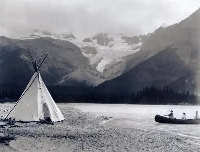 Photograph of Maligne Lake and Mt Unwin, Jasper National Park, Alberta, Canada. Dated 1915