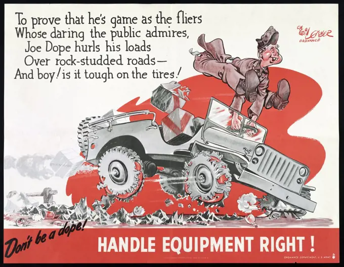 Propaganda poster from WWII warning against the mistreatment of armed forces equipment.