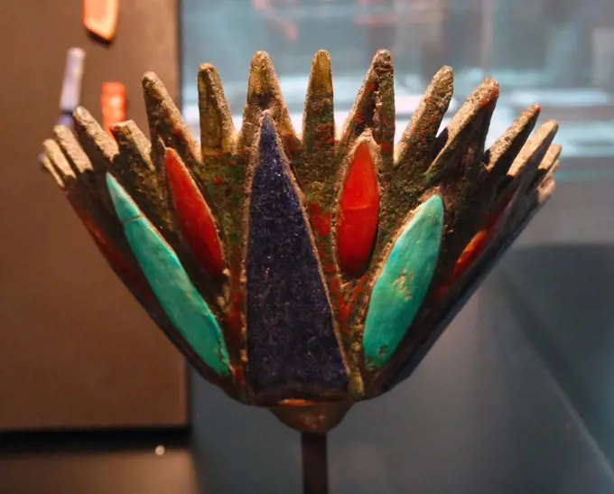 Ancient Egyptian, Representation of a lotus flower. bronze inlaid with turquoise, lapis and carnelian ( 715-332 BC )
