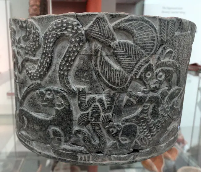 Chlorite vessel with mythological scene, from Iran. Dated Early Dynastic III (2600-2300 BC)