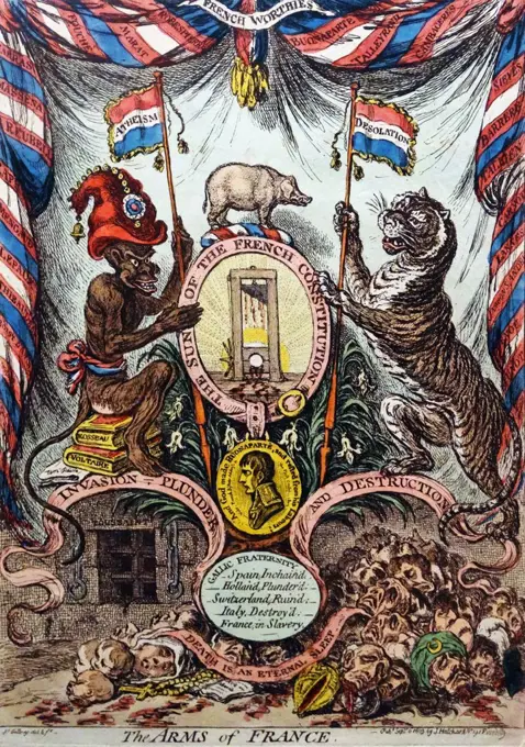 Hand-coloured etching titled 'The Arms of France' by James Gillray (1751-1815) English caricaturist and printmaker famous for his etched political and social satires. Dated 1803