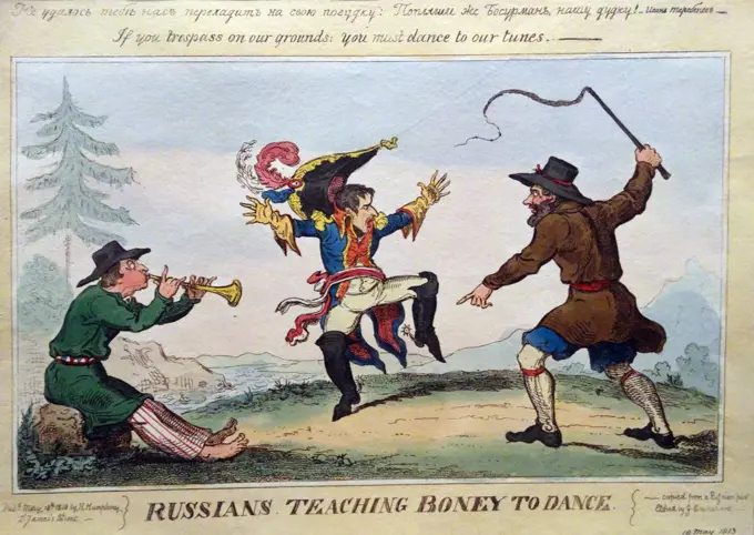 Hand-coloured etching titled 'Russians Teaching Boney to Dance' by Ivan Ivanovitch Terebenev (1780-1815) Russian artist. Dated 1813