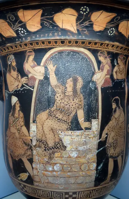 Greek Red-figured bell-krater (wine bowl) with Alkmena seated on an altar, stacked with wood. Made in Paestum about 330 BC, signed by Python as painter