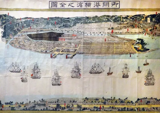 Colour woodblock print of the Complete Picture of the Officially Opened Port of Yokohama, near Edo (Tokyo). Sections of the print were recarved as the port increased in size. Dated 1870