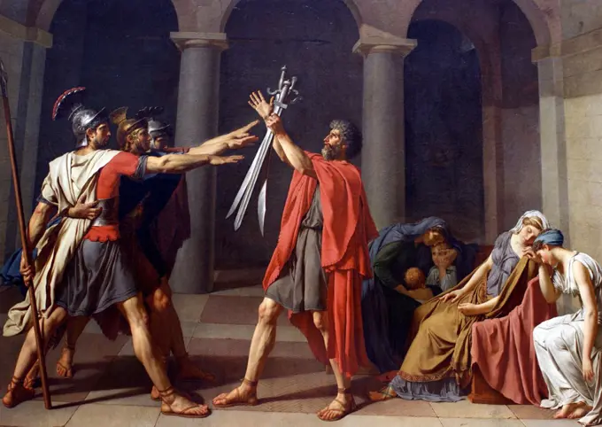 Oath of the Horatii' by Jacques-Louis David (otherwise known as Le Serment des Horaces), 1784. A huge success with both the public and critics, it is one of the best known Neoclassical style paintings.
