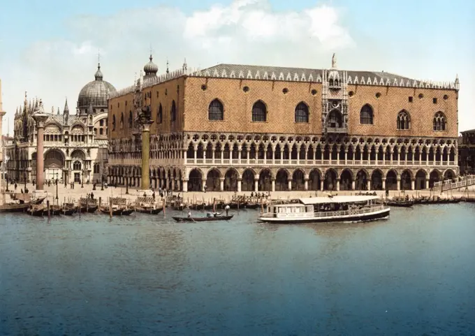 View of the Doge's Palace in Venice, Italy. Photochrom colour, 1890.