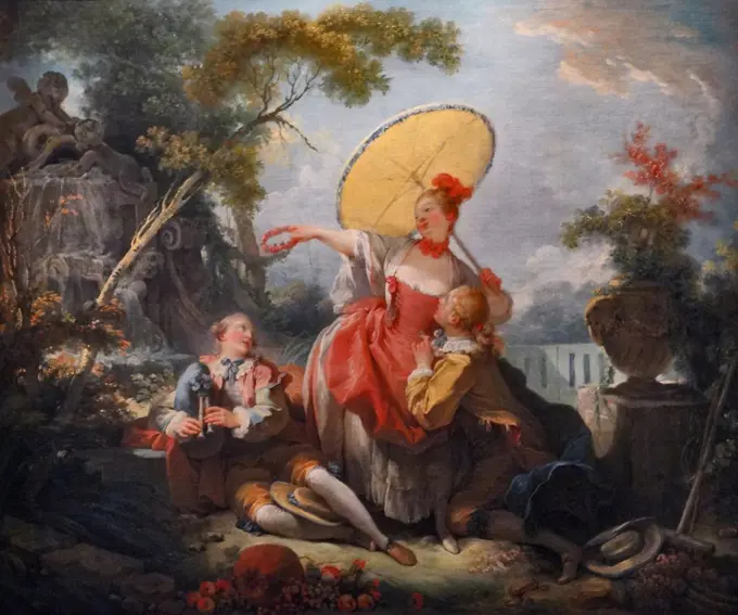 Painting titled 'The Musical Contest' by Jean-Honoré Fragonard (1732-1806) French painter and printmaker of the Rococo manner. Dated 18th Century