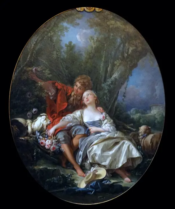Painting titled 'Shepherd and Shepherdress Reposing' by François Boucher (1703-1770) French painter in the Rococo style. Dated 18th Century
