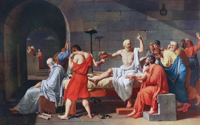 Painting titled 'The Death of Socrates' by Jacques-Louis David (1748-1825) French painter in the Neoclassical style. Dated 1787