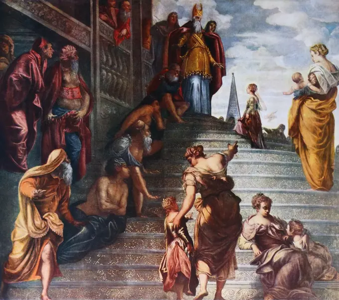 Painting titled 'Presentation of the Virgin' by Tintoretto, Italian painter and notable exponent of the Renaissance School. Dated 16th Century