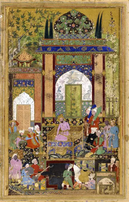 Babur holding Court, 1589. Babur (1483 ñ 1530), conqueror from Central Asia who, succeeded in laying the basis for the Mughal dynasty in the Indian subcontinent and became the first Mughal emperor.