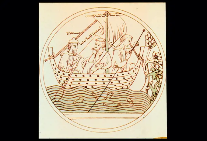 St. Brendan striking out into the Atlantic - about 6th Century A.D. St. Brendan checking depths with his sounding pole. Saint Brendan (c. 484 ñ c. 577) is one of the early Irish monastic saints