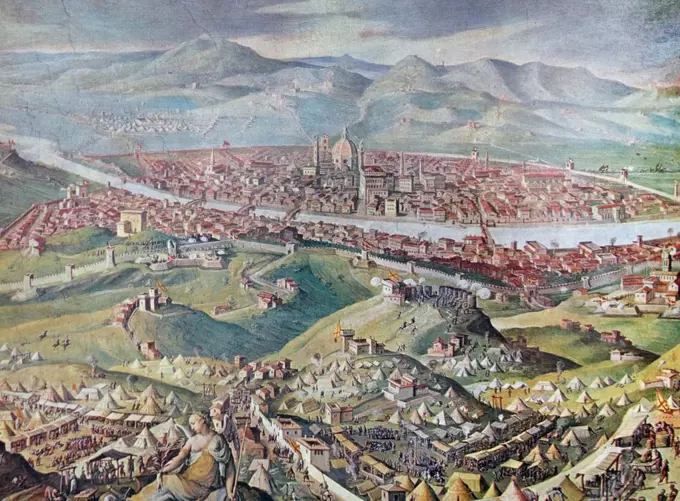 Painting titled 'Florence Besieged' by Giorgio Vasari (1511-1574) an Italian painter, architect, writer and historian. Dated 16th Century