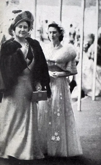 Photograph of Queen Elizabeth The Queen Mother (1900-2002) with Princess Elizabeth (1926-) at Buckingham Palace. Dated 20th Century.