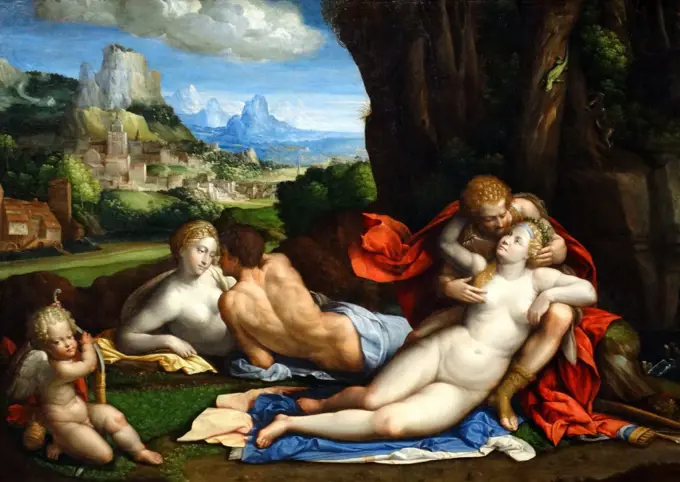 Painting titled 'An Allegory of Love' by Benvenuto Tisi (1481-1559) a Late-Renaissance-Mannerist Italian painter of the School of Ferrara. Dated 16th Century