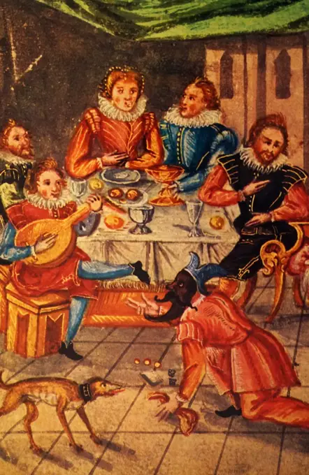 Painting depicting the nobles at a banquet with entertainers. Dated 16th Century