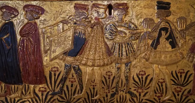 Gilded panel from a Marriage Chest, also known as a 'Casson'. Dated 15th Century