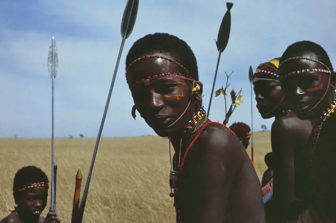 Young warriors (the Moran) of the Samburu tribe, Kenya, Africa. 1981.