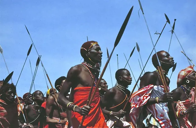 War Dance by young warriors (the Moran) of the Samburu tribe, Kenya, Africa. 1981.