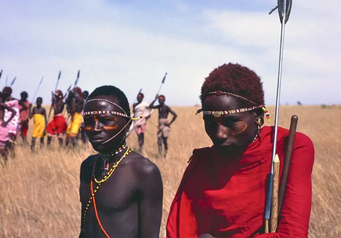 Young warriors (the Moran) of the Samburu tribe, Kenya, Africa. 1981.