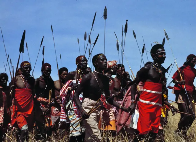 War Dance by young warriors (the Moran) of the Samburu tribe, Kenya, Africa. 1981.