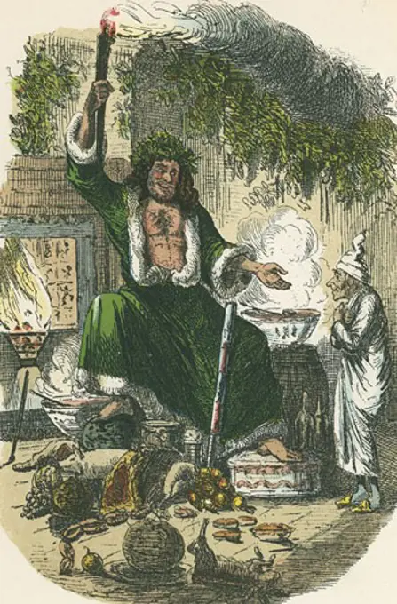 The Ghost of Christmas Present appearing to Scrooge, From A Christmas Carol by Charles Dickens, London 1843-1834, Illustration by John Leech (1817-64/British)