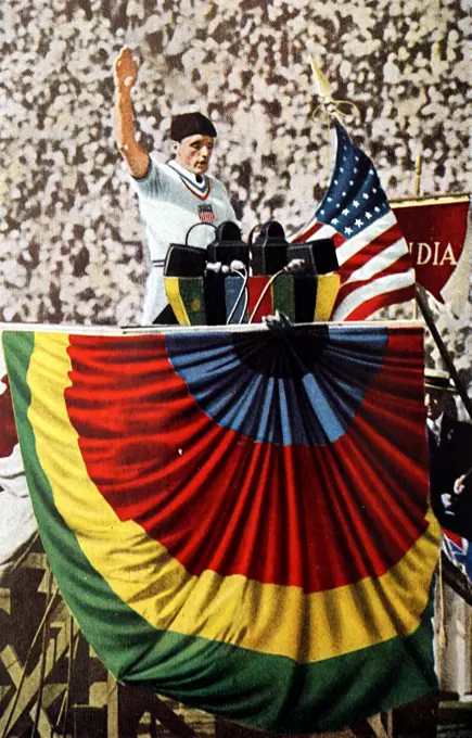 Photograph of G.C. Callnan talking the Olympic oath in the 1932 Los Angeles Olympics. 