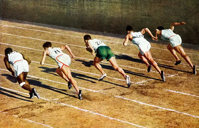The 100 meters contest at the 1932 Olympics. Eddie Tolan broke the Olympic record in the first heat of the second round with a time of 10.4 seconds. Dated 20th Century.