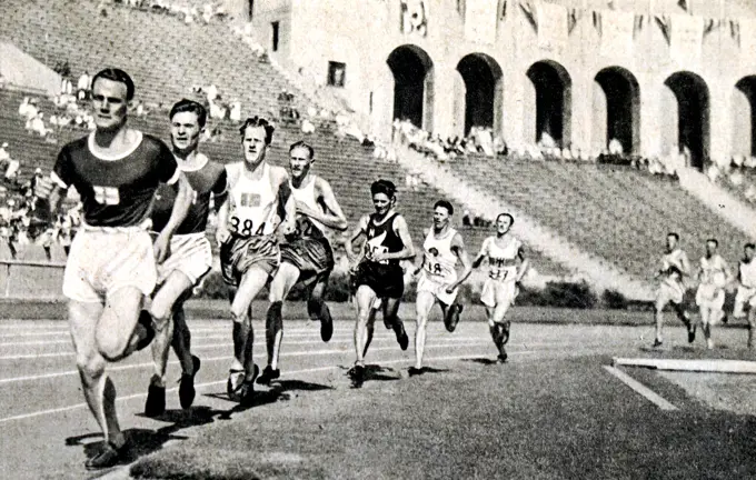 Photograph of Lauri Lehtinen (1908-1973) running the 5000 meter race in the 1932 Olympic games. Lauri was a Finnish long distance runner. We won the 5000 meter race at the 1932 Olympics in Los Angeles. He was also the World Record holder at the time (14:17.0). 